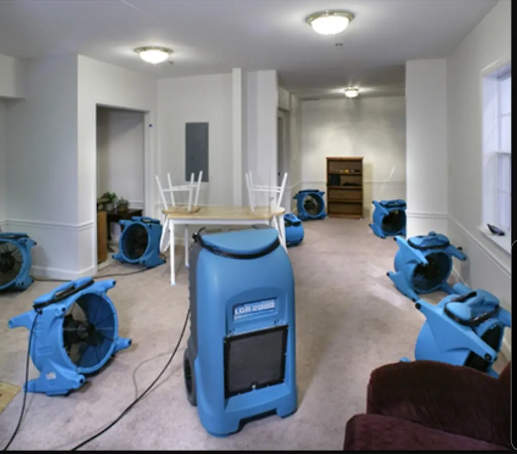 Air movers and dehumidifier setup for Water Damage Restoration in Honey Brook